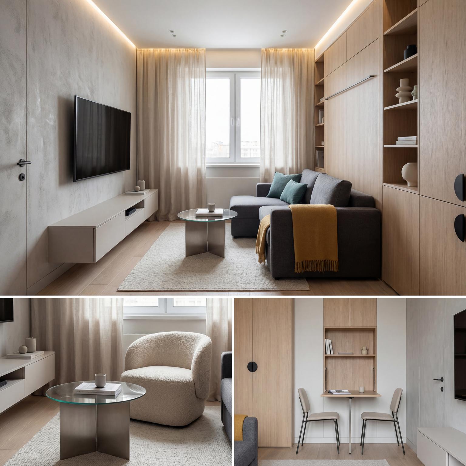 Compact modern minimalist white living room ideas, maximizing small spaces with clever storage, bright colors, and sleek, functional design.