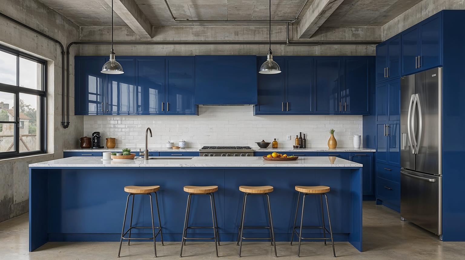 Industrial-Style Kitchen with Royal Blue Cabinets