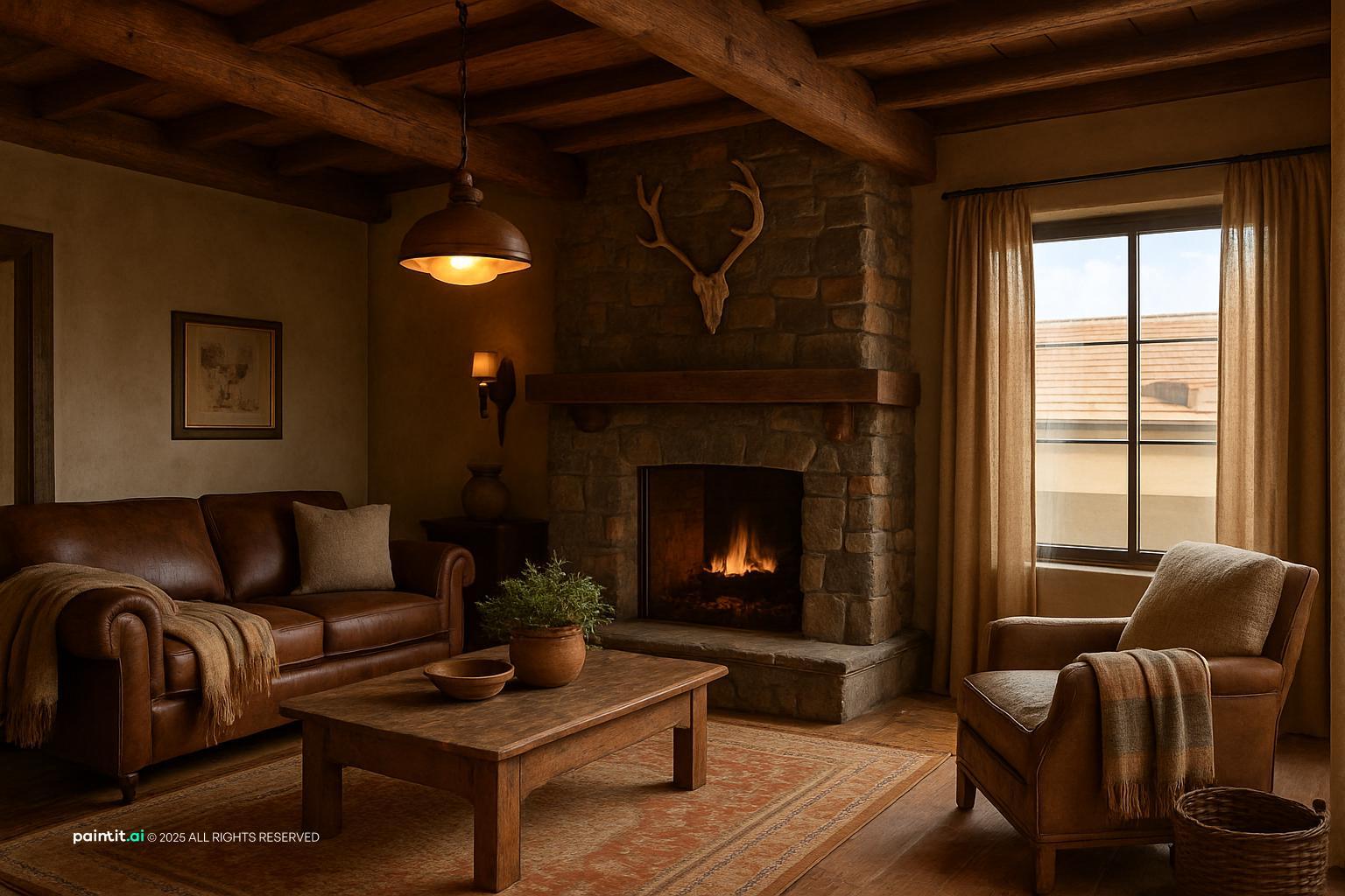 Rustic living room with brown leather sofas, a stone fireplace and a wooden coffee table