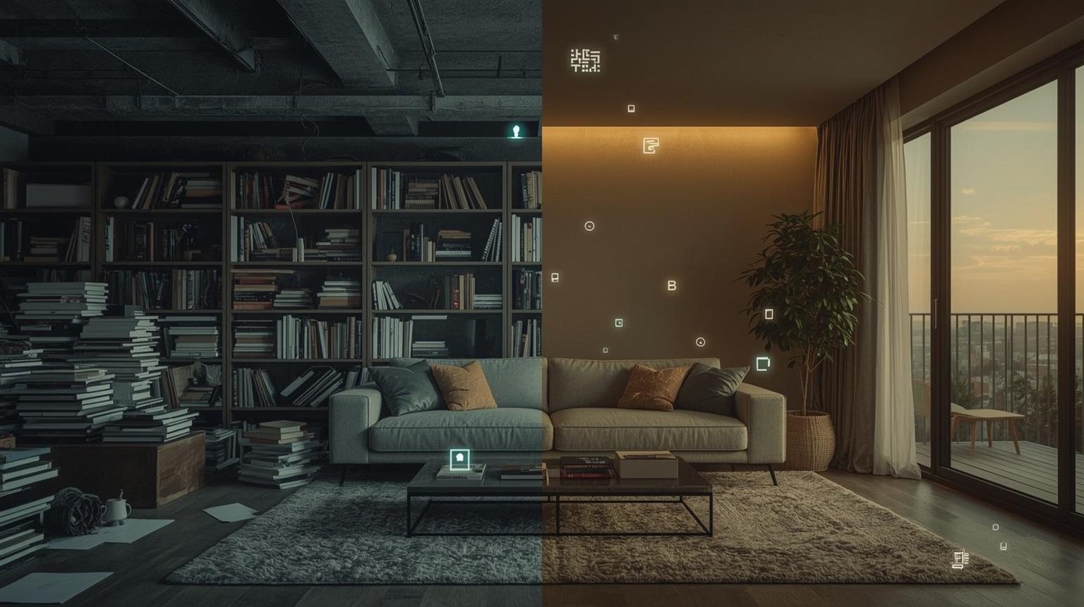 Modern living room transformation showing before/after comparison