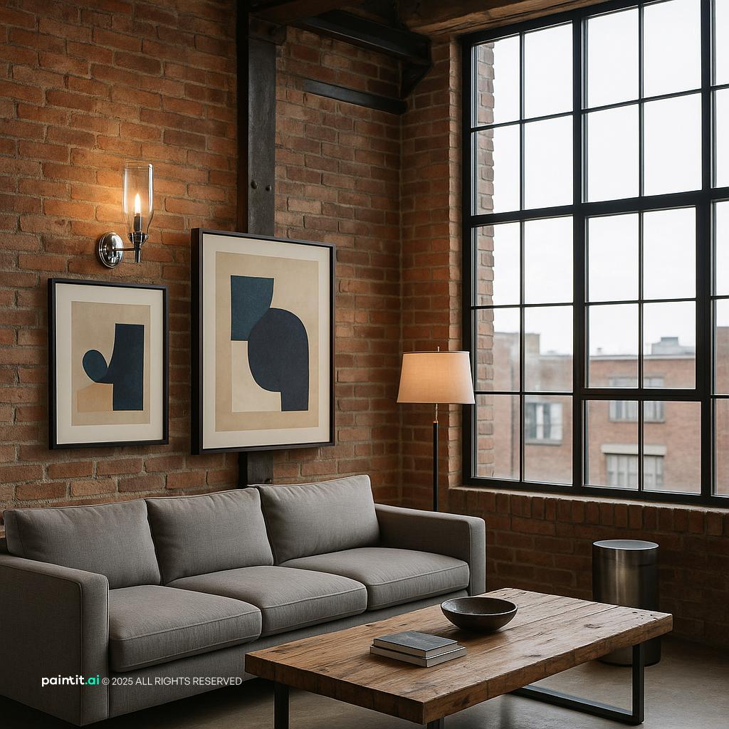 Metro loft living room with exposed brick, steel windows, and refined seating
