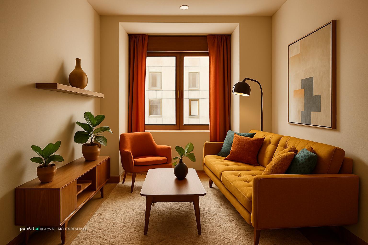 Mid century living room with a mustard sofa, an orange chair and red curtains