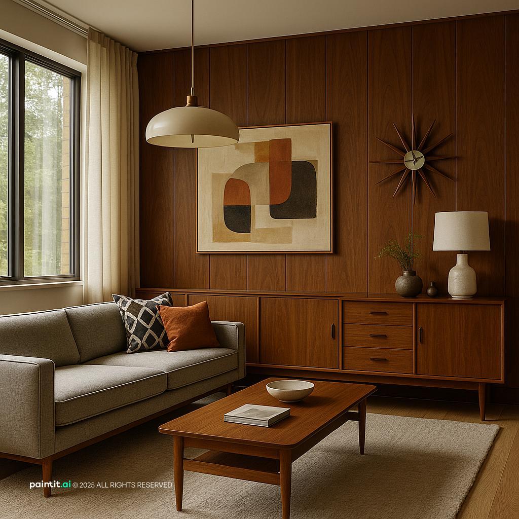 Mid-century living room with a walnut panelled accent wall, a teak sideboard and a starburst clock