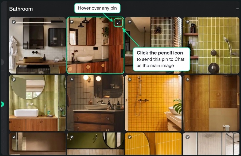 Paintit.ai Pinterest pin grid showing a selected bathroom pin that can be sent to chat as the main image.