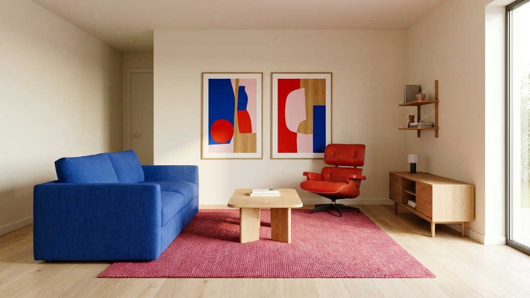 Dopamine decor living room in cobalt blue, raspberry pink, tomato red, soft white, and pale oak.