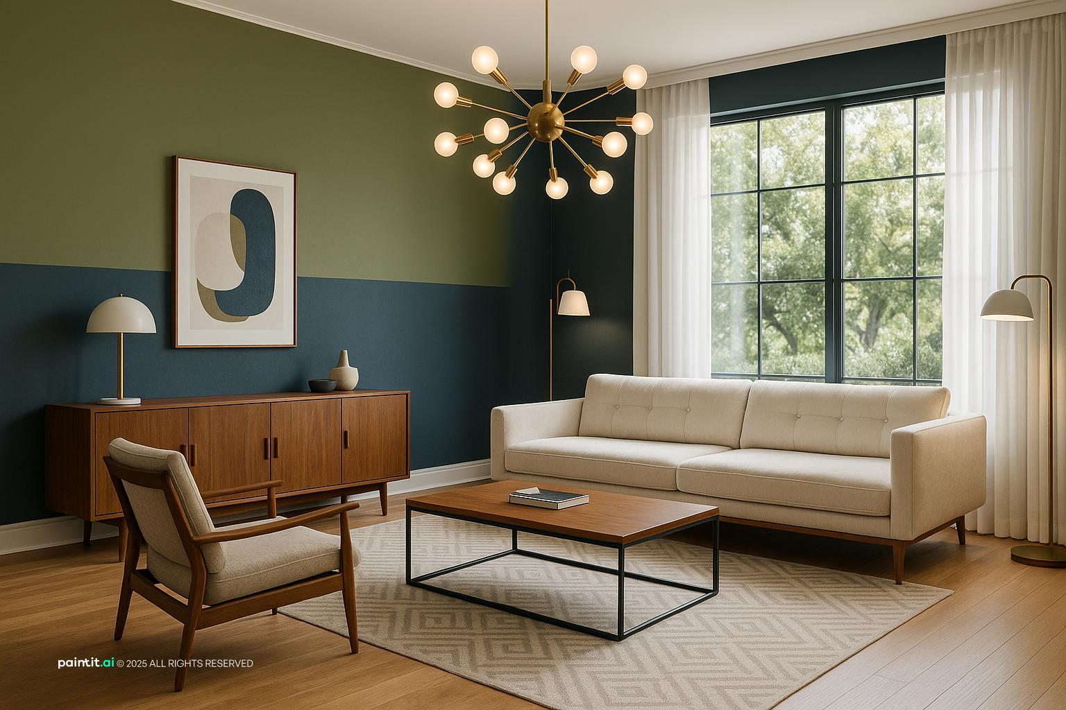 Brightened Midcentury Modern living room for a Yemeni home, blending classic and contemporary styles.
