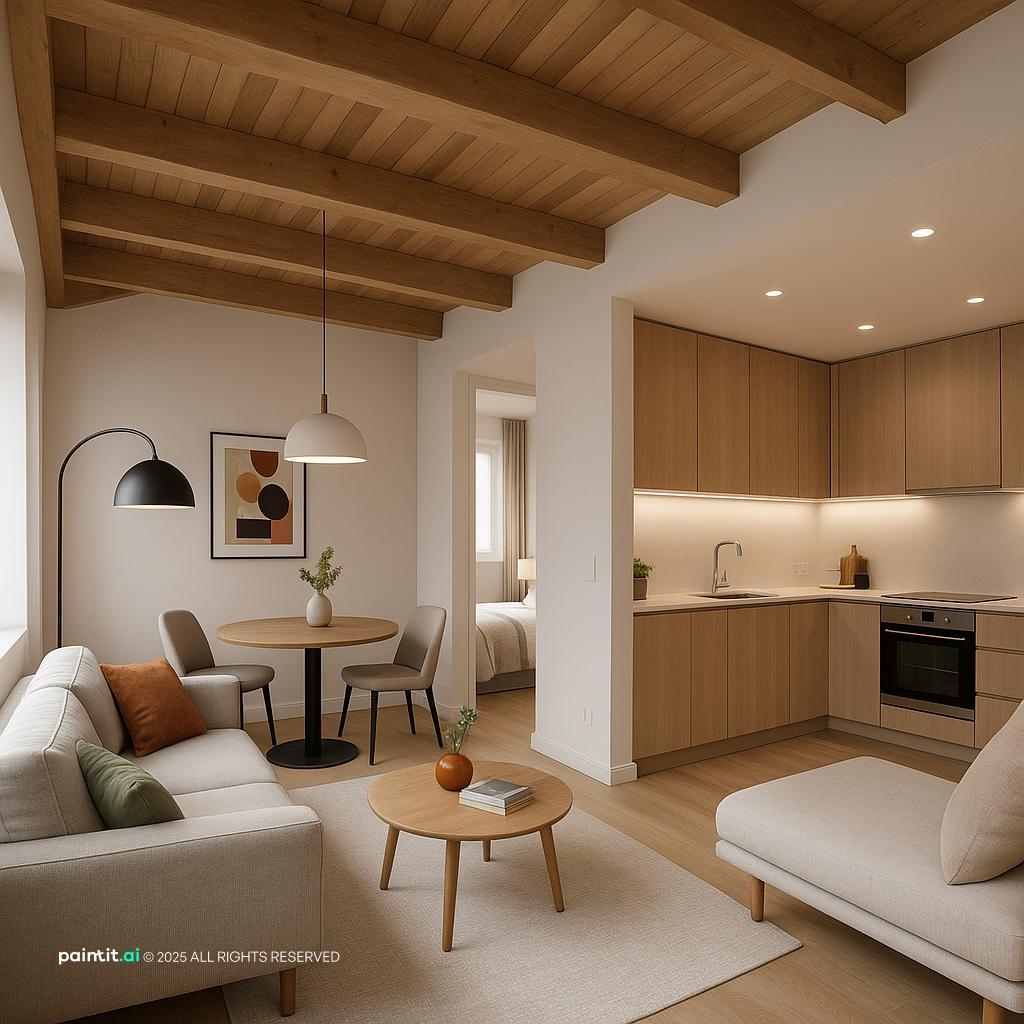 Compact open-plan home with small living and kitchen zones
