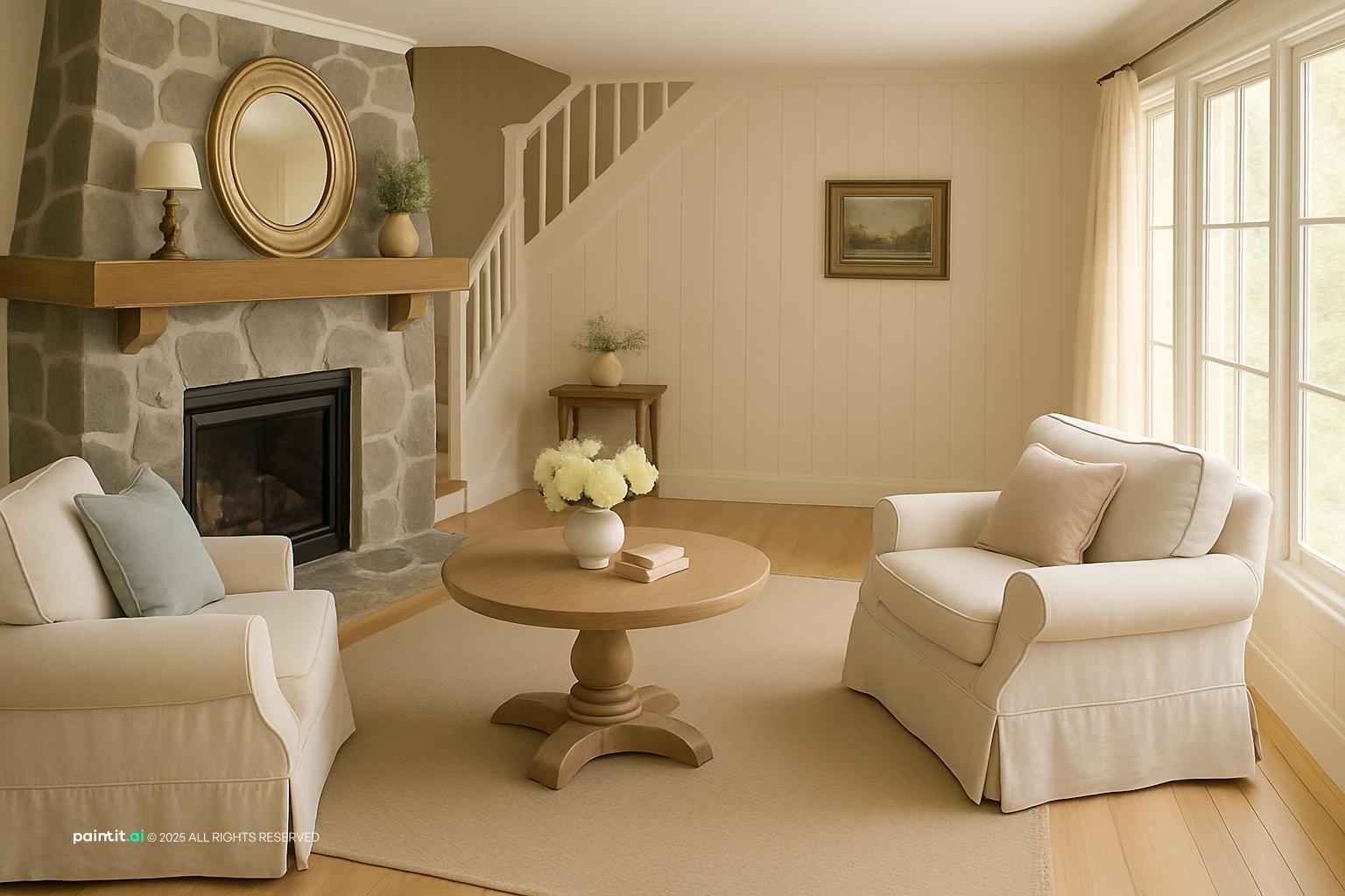Small vintage living room with white slipcovered armchairs, a stone fireplace and a round wooden table