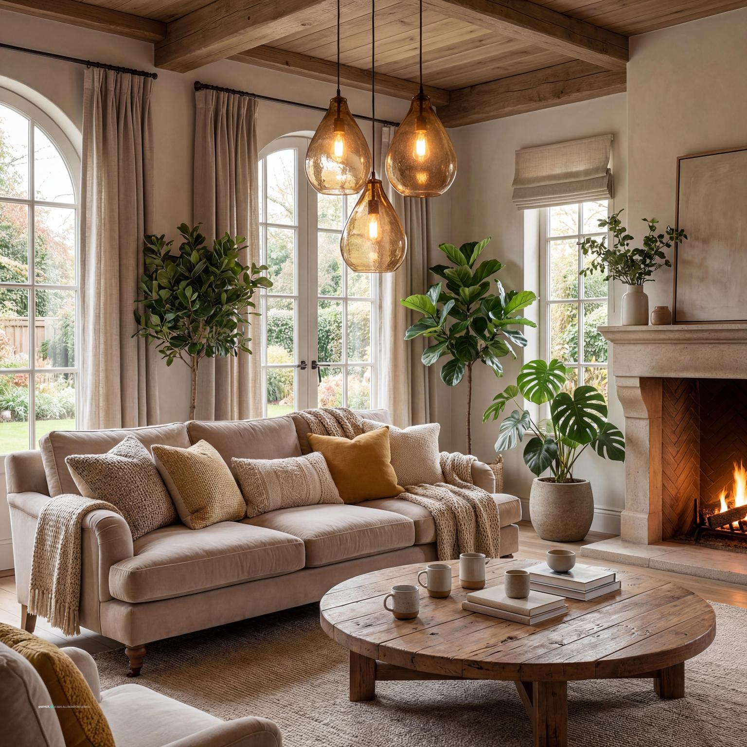 Cozy earth-toned 70s inspired living room design, with rich browns, oranges, and greens, creating a comforting and stylish retreat.