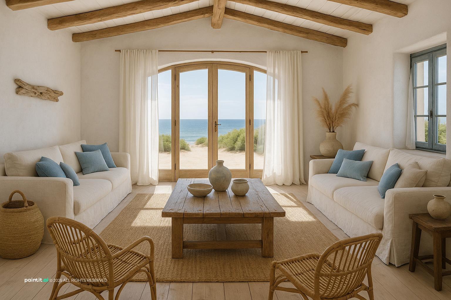 Coastal Mediterranean living room with wood beams, rattan chairs, linen sofas and French doors
