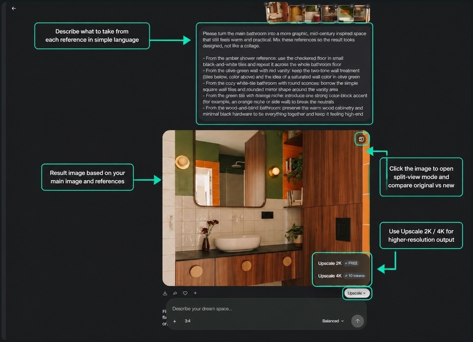 Paintit.ai prompt example showing how to describe what each Pinterest reference should contribute to an AI bathroom design.