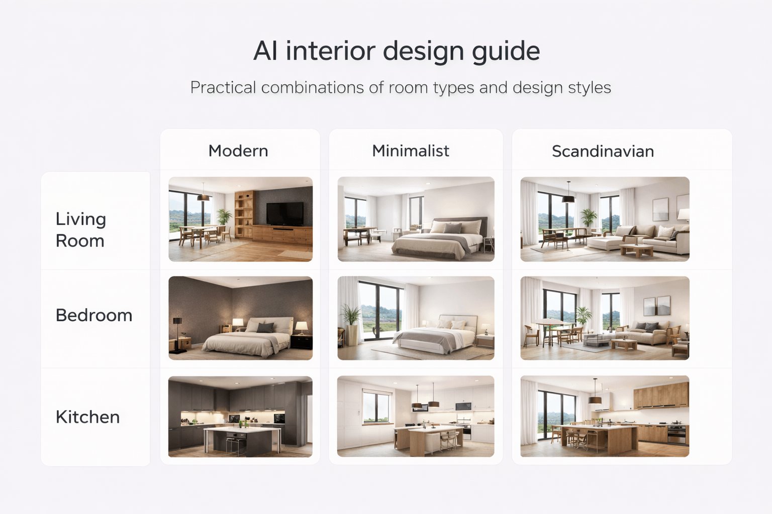 Practical grid of room type and design style combinations for stronger Paintit.ai results