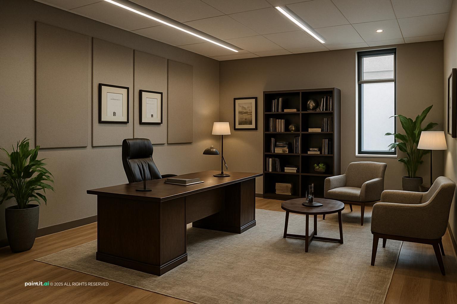Modern advocate office with warm grey walls and dark wood desk
