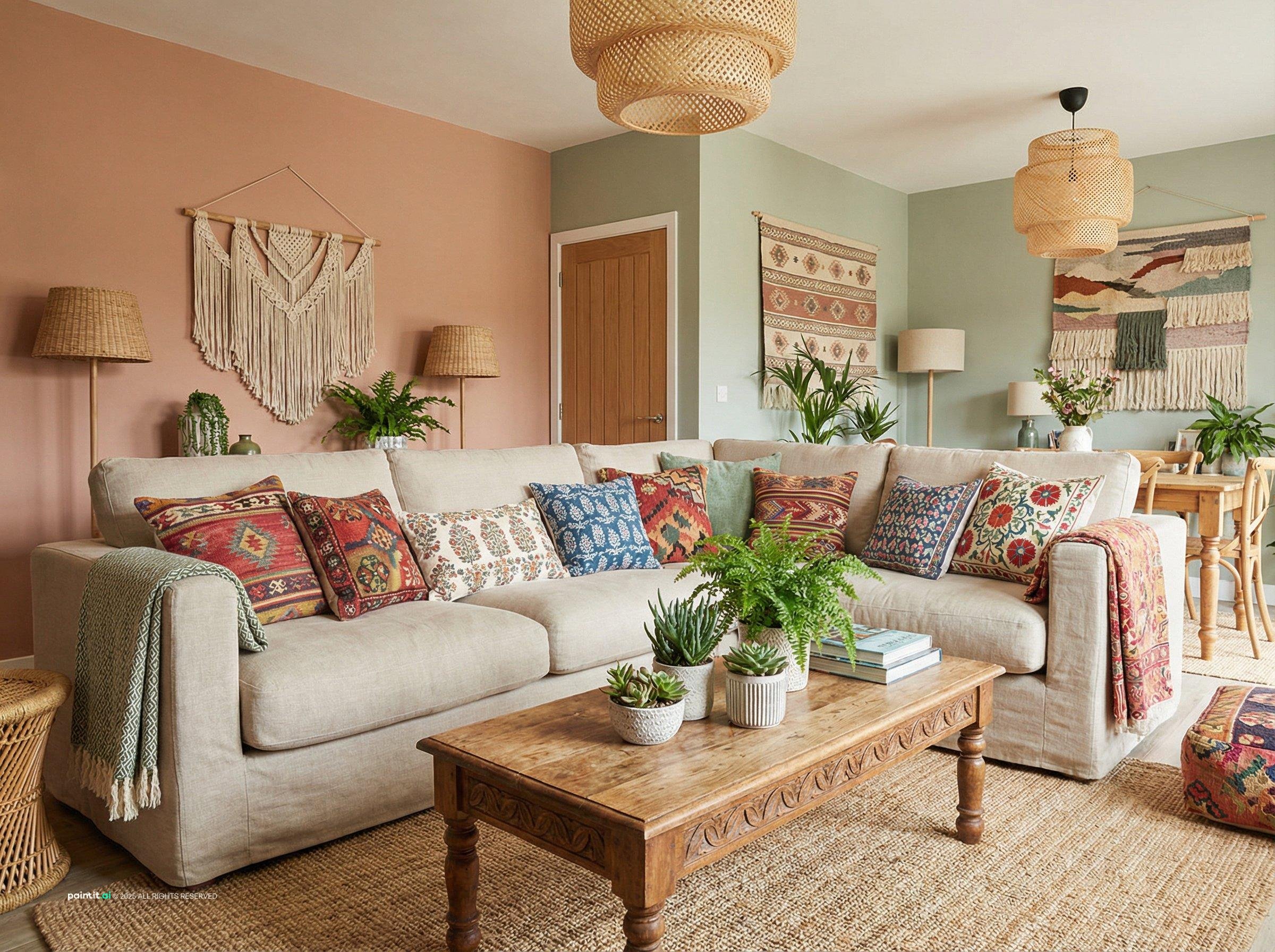 Boho living room with a beige sofa, colorful ethnic-print cushions, a macrame wall hanging and plants
