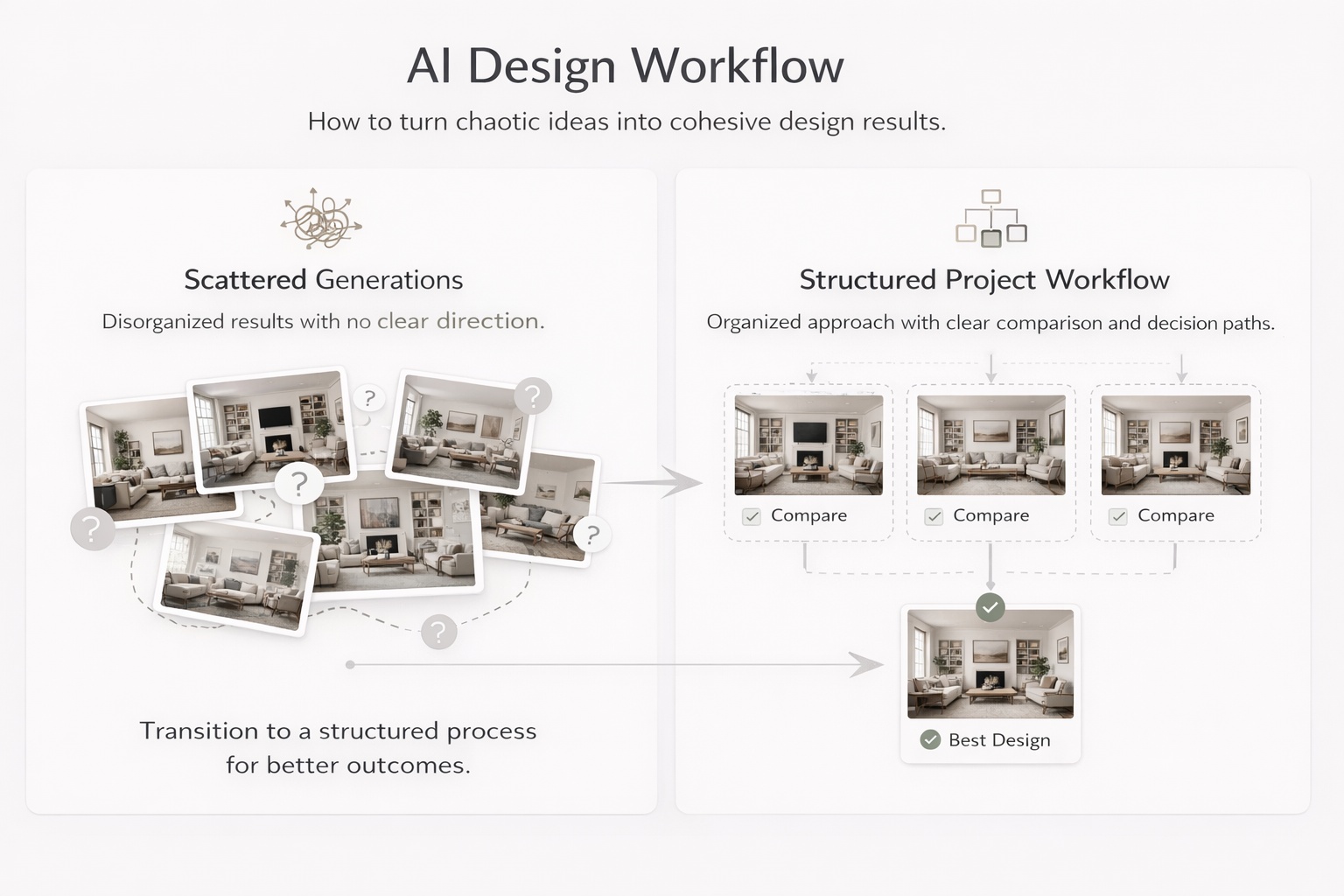Educational visual showing how project organization improves comparison and decision making in design workflows