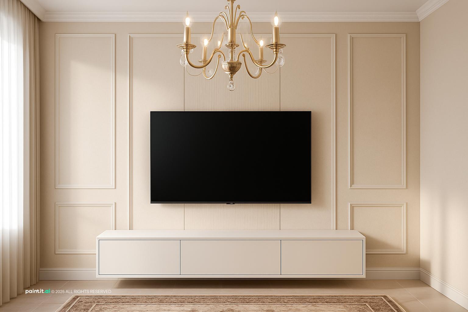Living room with a panelled white TV wall, a brass chandelier and a white media unit