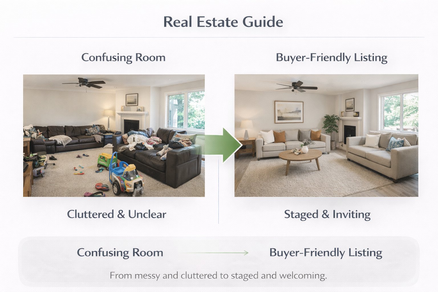 Educational visual showing how clearer AI staging improves readability and buyer understanding in property listings