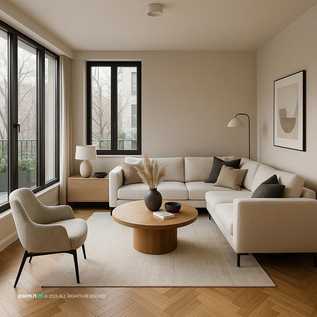 Modern Living Room Design with windows and a calm living room atmosphere.