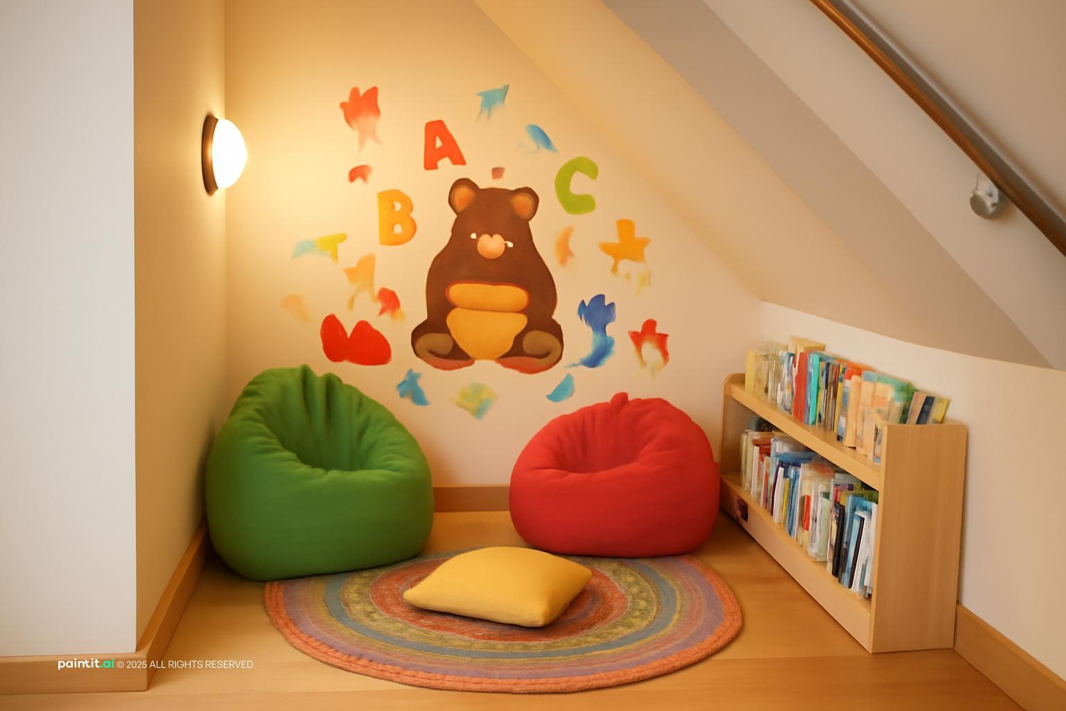 Kindergarten reading corner under a sloped ceiling with low bookshelves, bean bags and a teddy bear mural