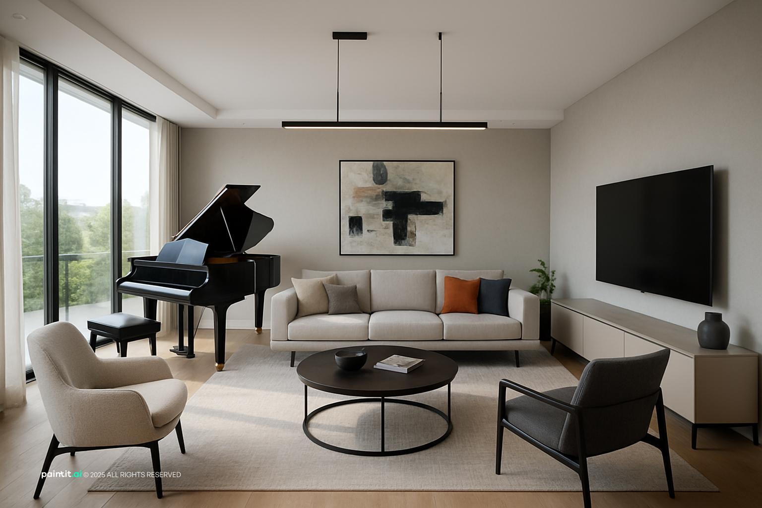Sophisticated modern living room in a Yemeni residence, elegantly combining a grand piano and TV setup.