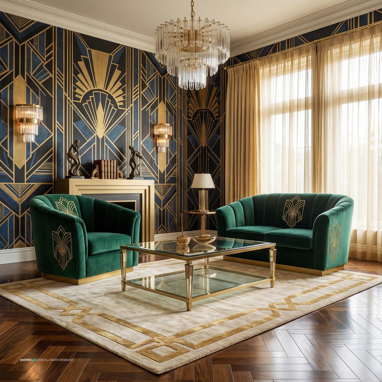 Art Deco living room with gold geometric wallpaper, emerald armchairs and a glass coffee table