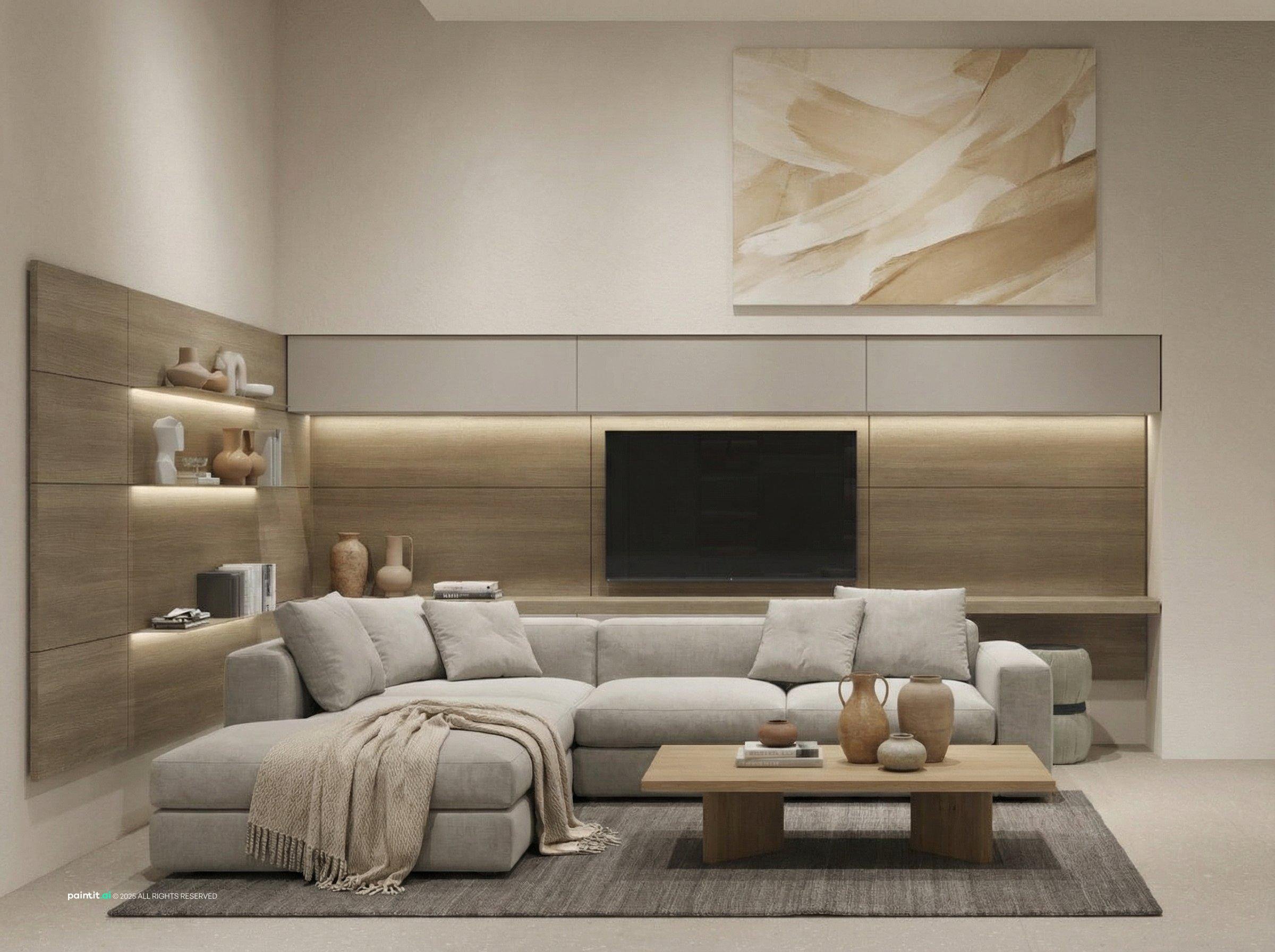Minimal Japandi living room with a large wood-paneled TV wall, a white sectional and a textured wall artwork