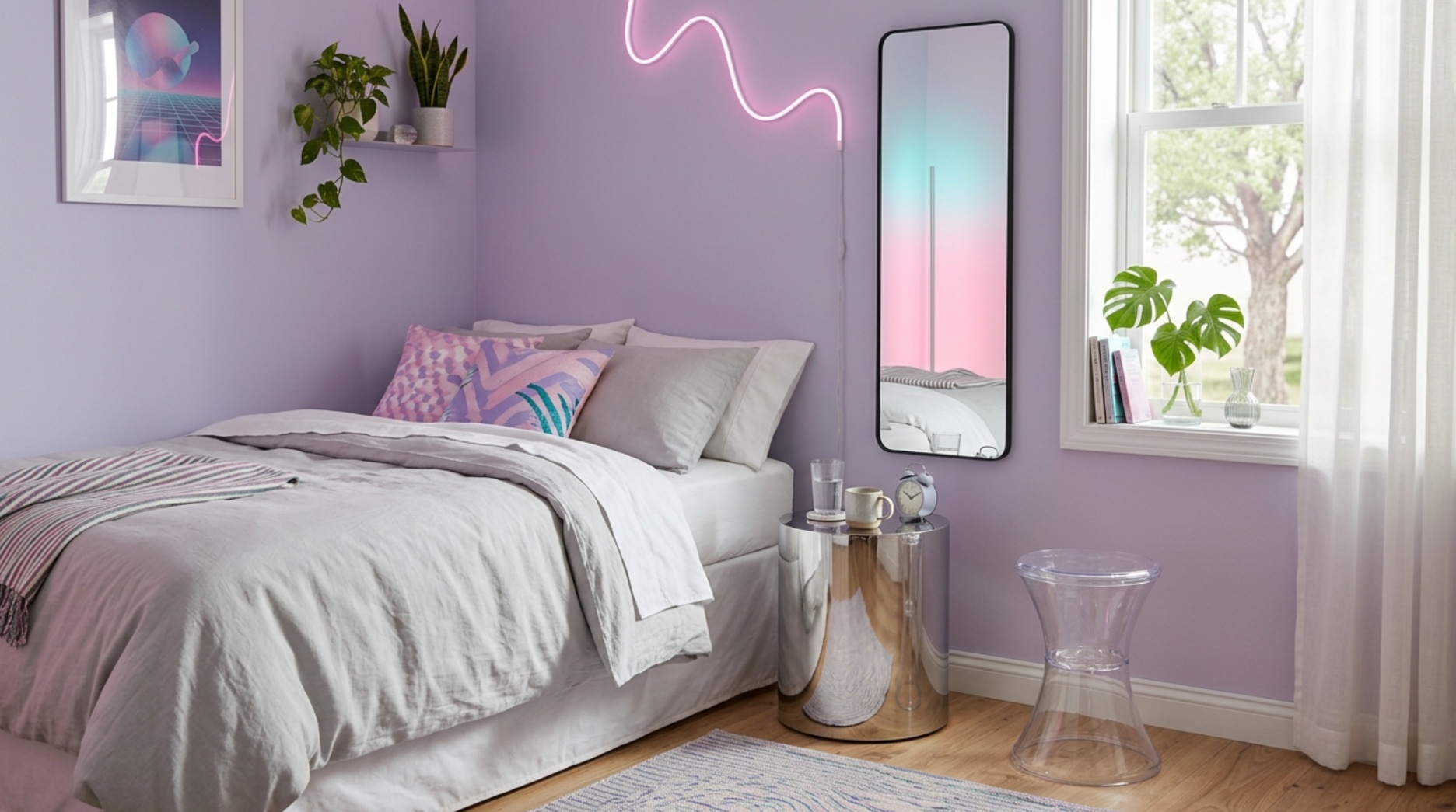  Small vaporwave bedroom with a chrome table, acrylic stool and controlled reflective accents
