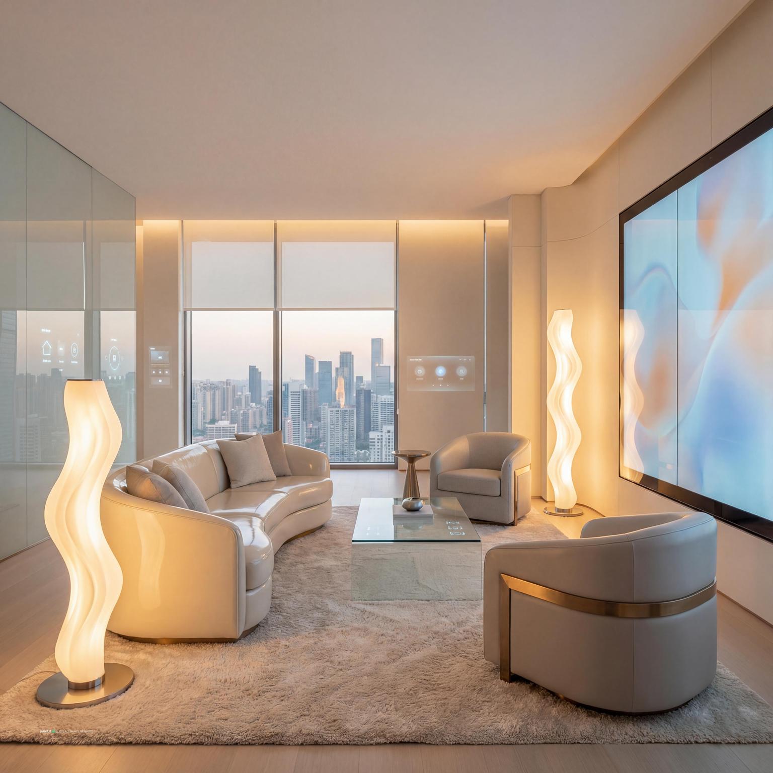 Futuristic living room design for 2030, showcasing sleek lines, innovative materials, and bold accents for a cutting-edge pop design for living room.