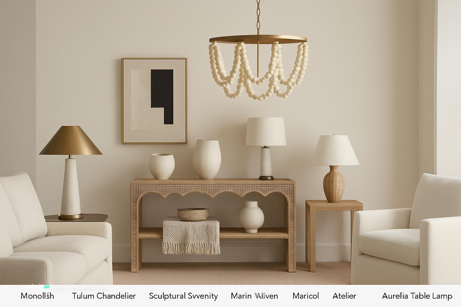 Light living room with a wicker scallop console, a beaded chandelier, sculptural vases and linen armchairs