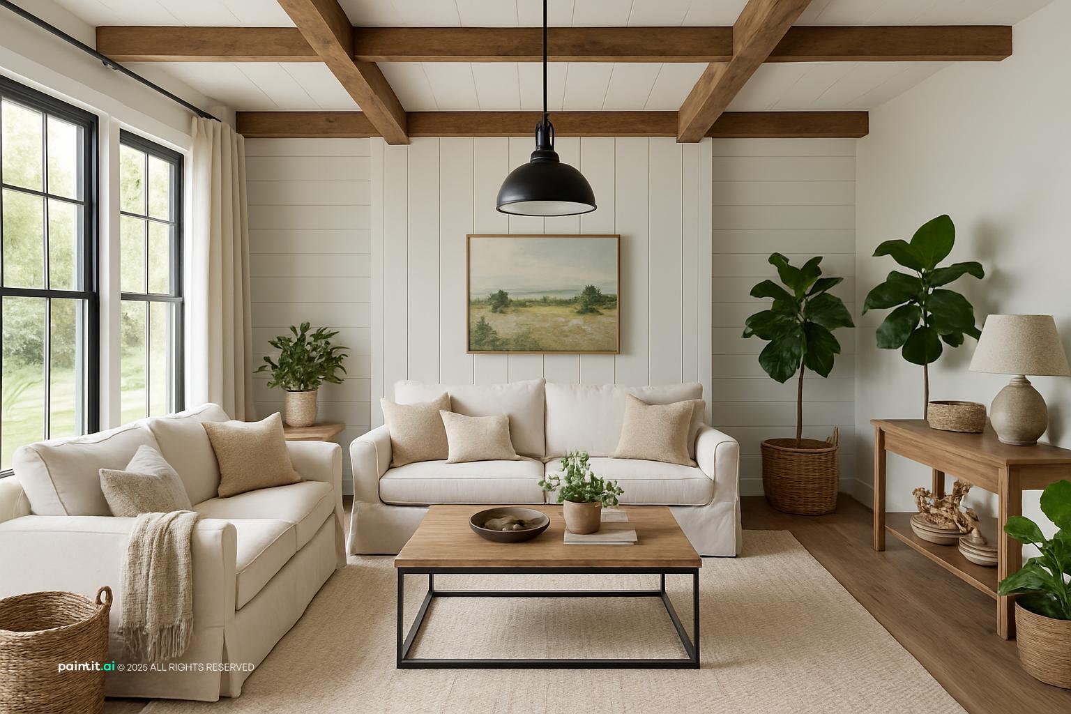 Living room with white shiplap walls, ceiling beams, white sofas and a black farmhouse pendant