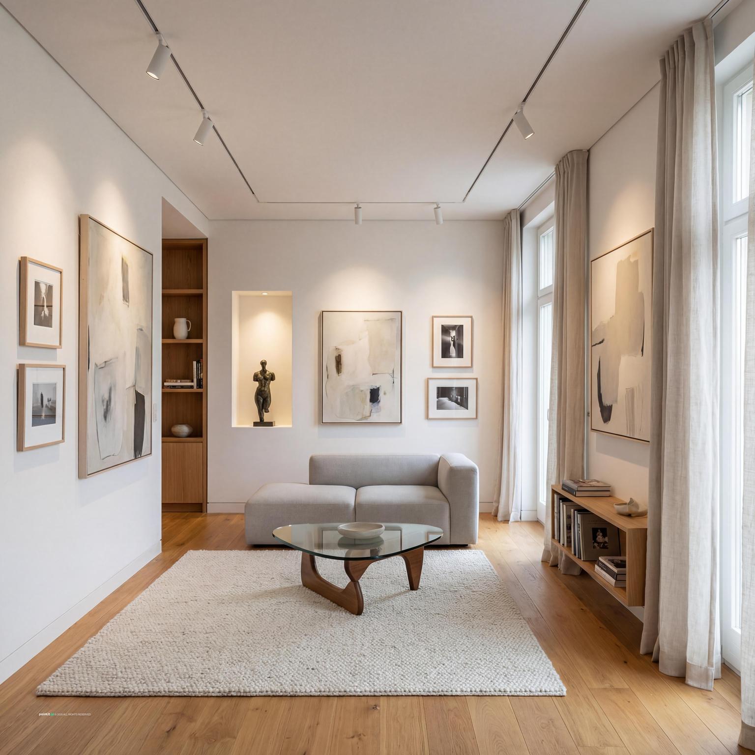 Elegant art-focused navy blue and burnt orange living room design, featuring curated artworks, sophisticated furnishings, and a vibrant, inspiring atmosphere.