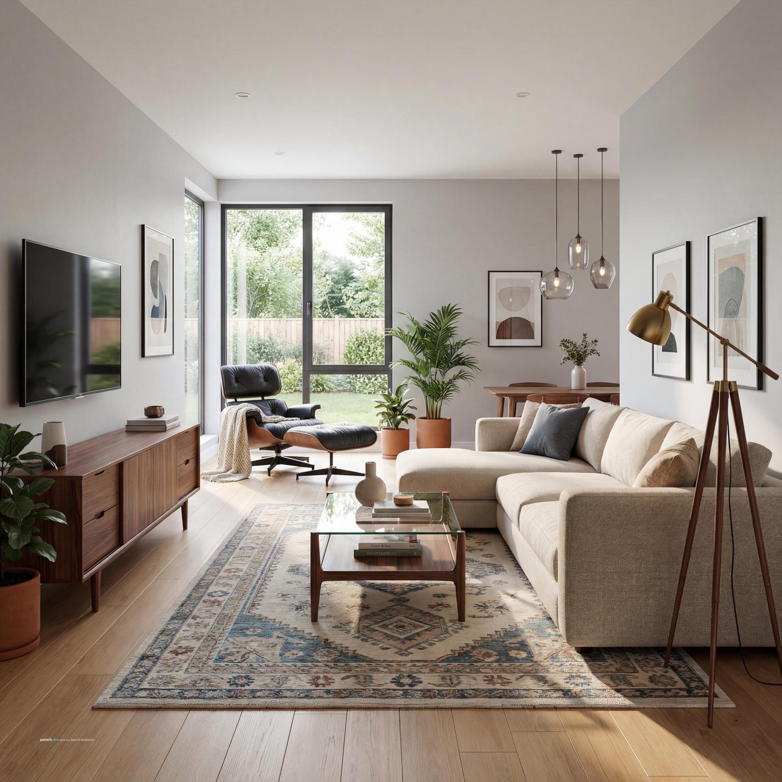 Classic mid-century modern light yellow living room design, showcasing clean lines, functional art, and a timeless, cheerful appeal.