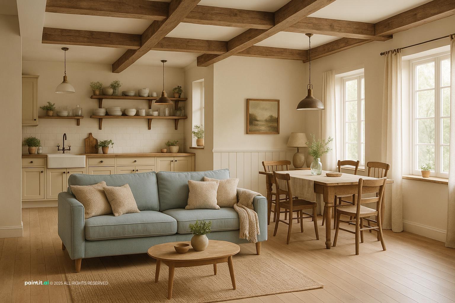Cozy Farmhouse Open Concept Living Room Design with light oak and open shelving and a calm living room atmosphere.