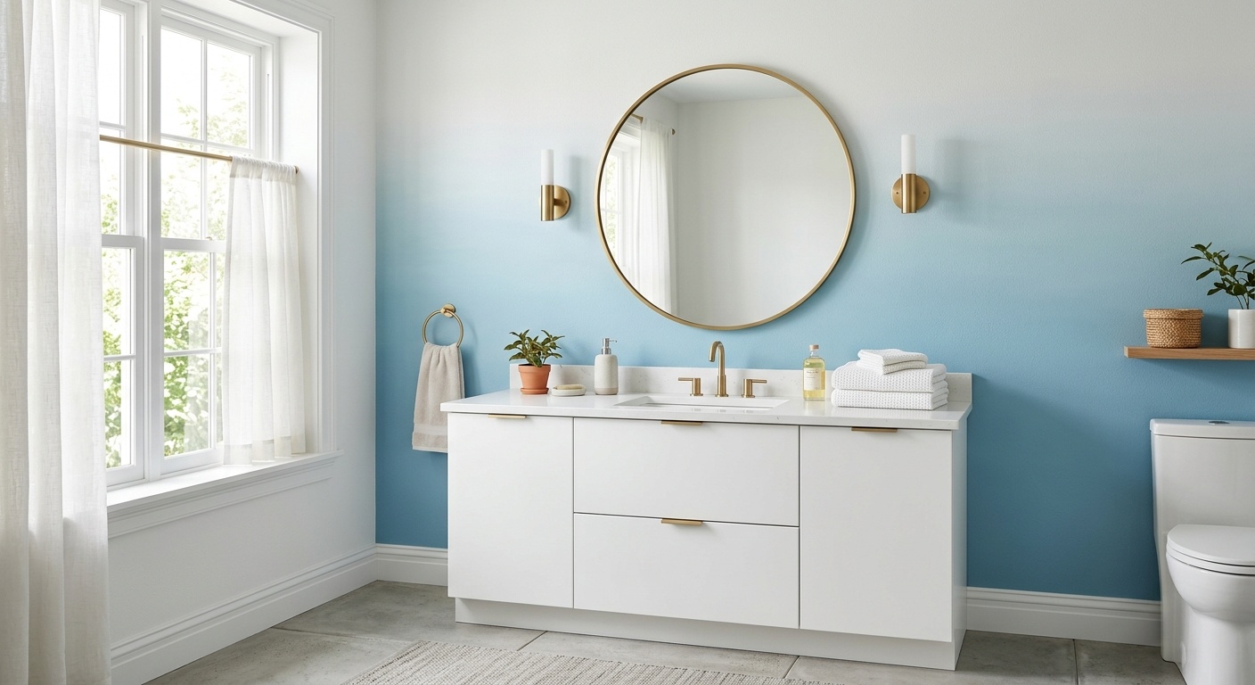 Bathroom with a soft blue-to-white ombre painted wall