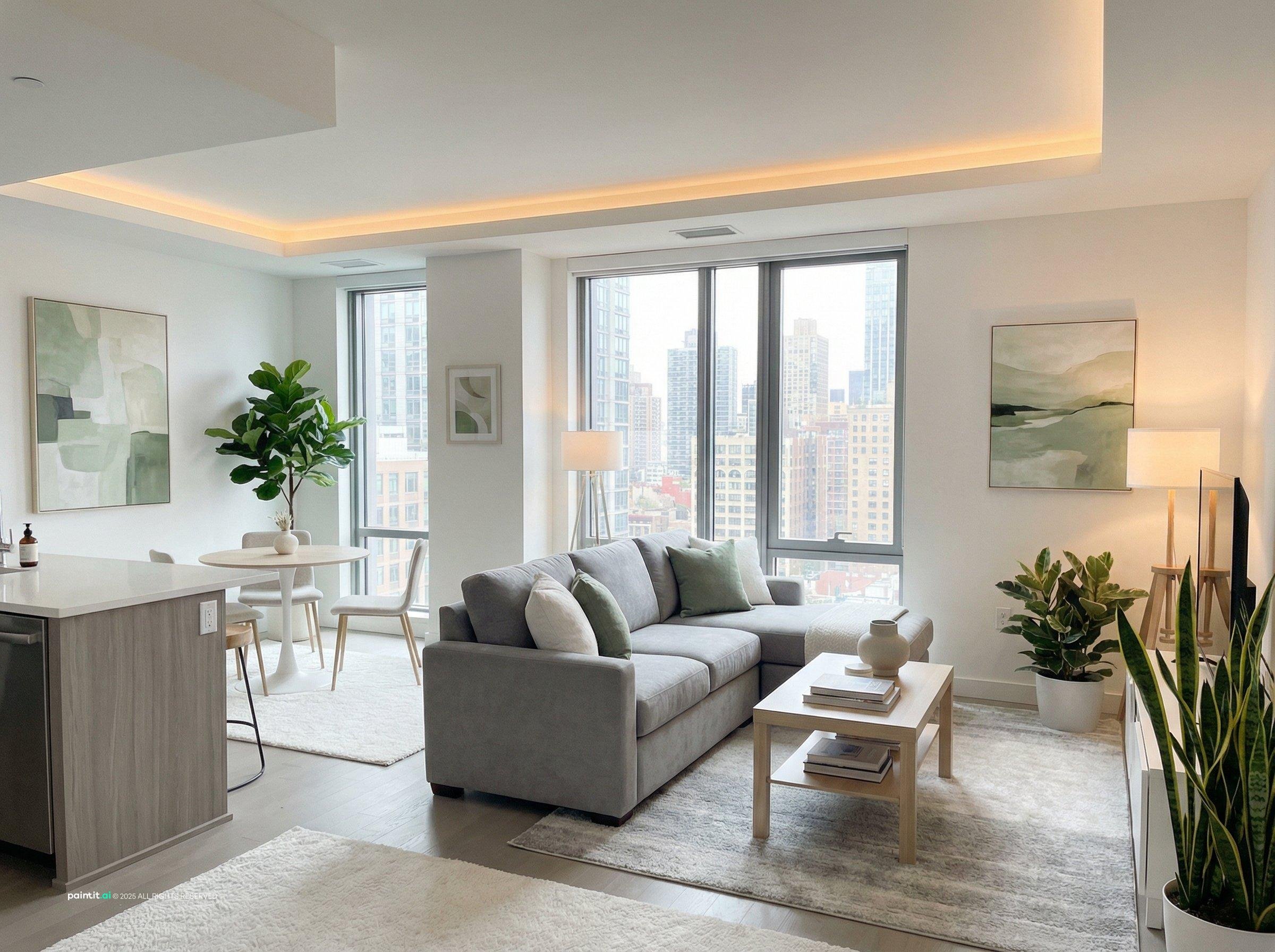 One bedroom apartment living room with dining table, sofa, and plants
