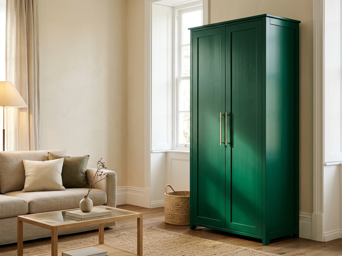 Bold statement cabinet painted in deep emerald green satin finish  with gold handles as a focal point against neutral cream living room walls