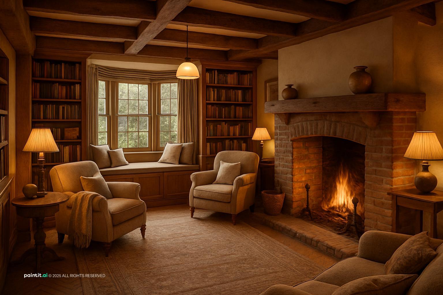 Cottage reading room with a brick fireplace, a cushioned window seat, bookshelves and armchairs