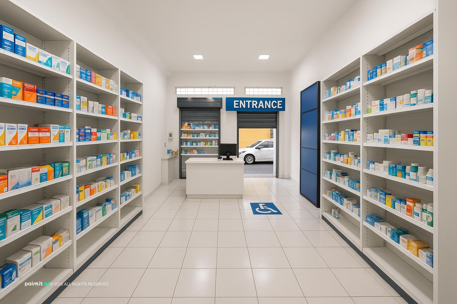 Small drugstore with white tiled walls, full medicine shelves on both sides and a counter at the back