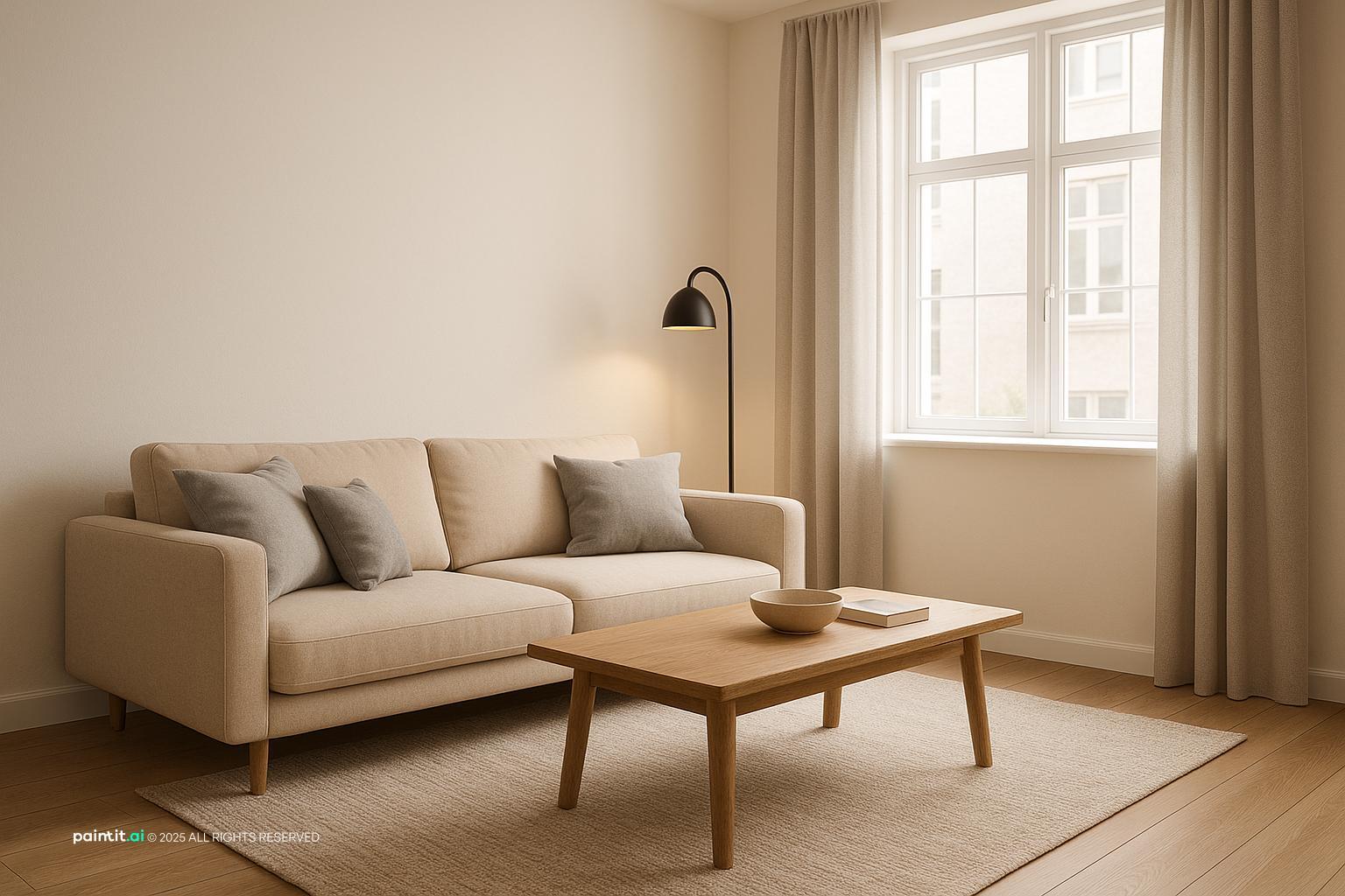 Living room in natural daylight with a beige sofa, a wooden coffee table and a floor lamp