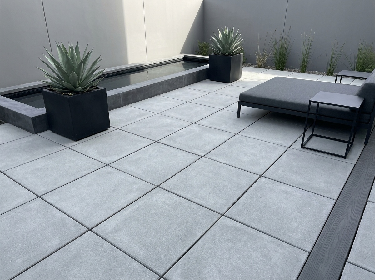 Modern minimalist backyard with geometric concrete pavers, rectangular water feature, agave plants in black planters, and sleek outdoor furniture
