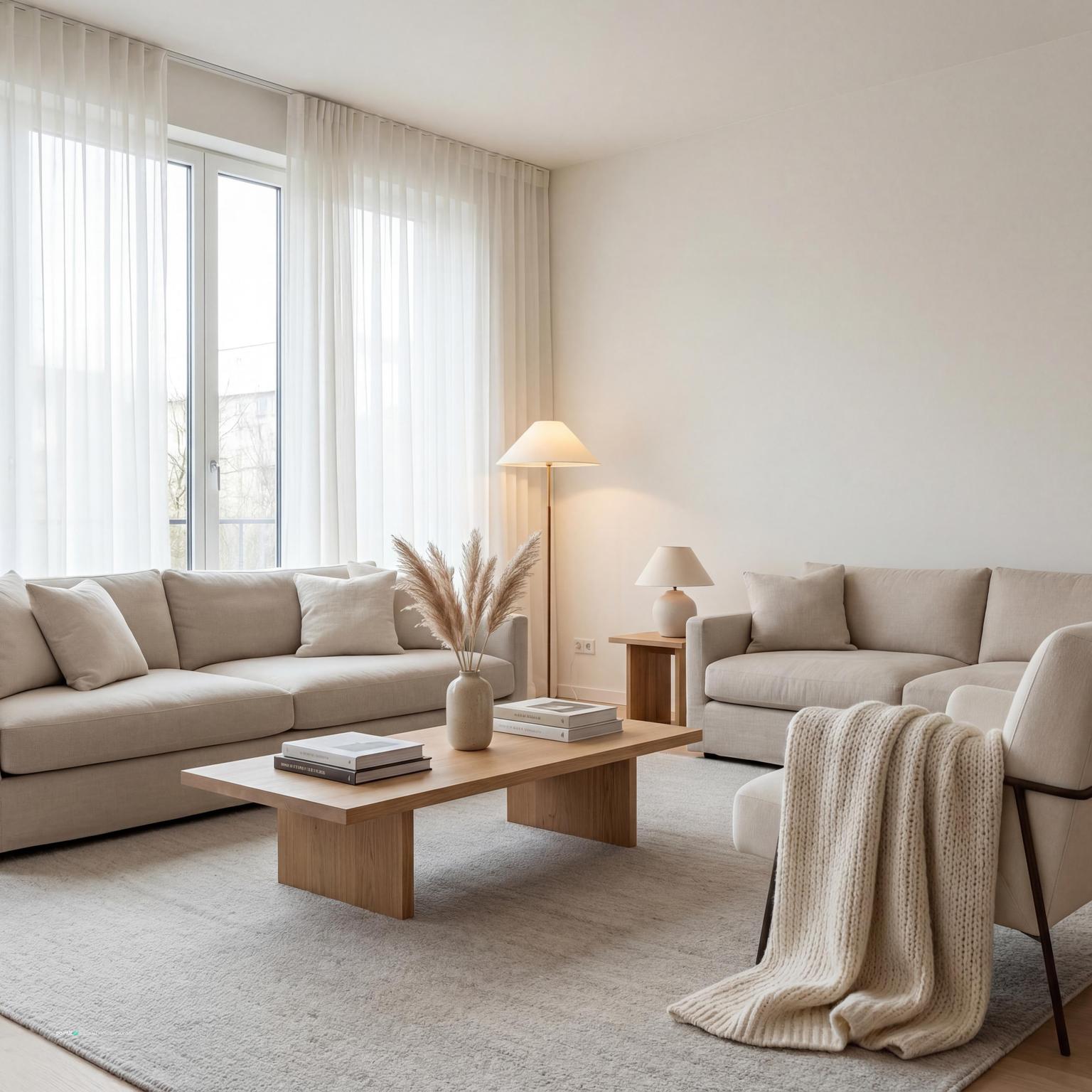 Cozy minimalist living room design ideas, blending hygge warmth with wabi-sabi simplicity to create an inviting japandi living space.