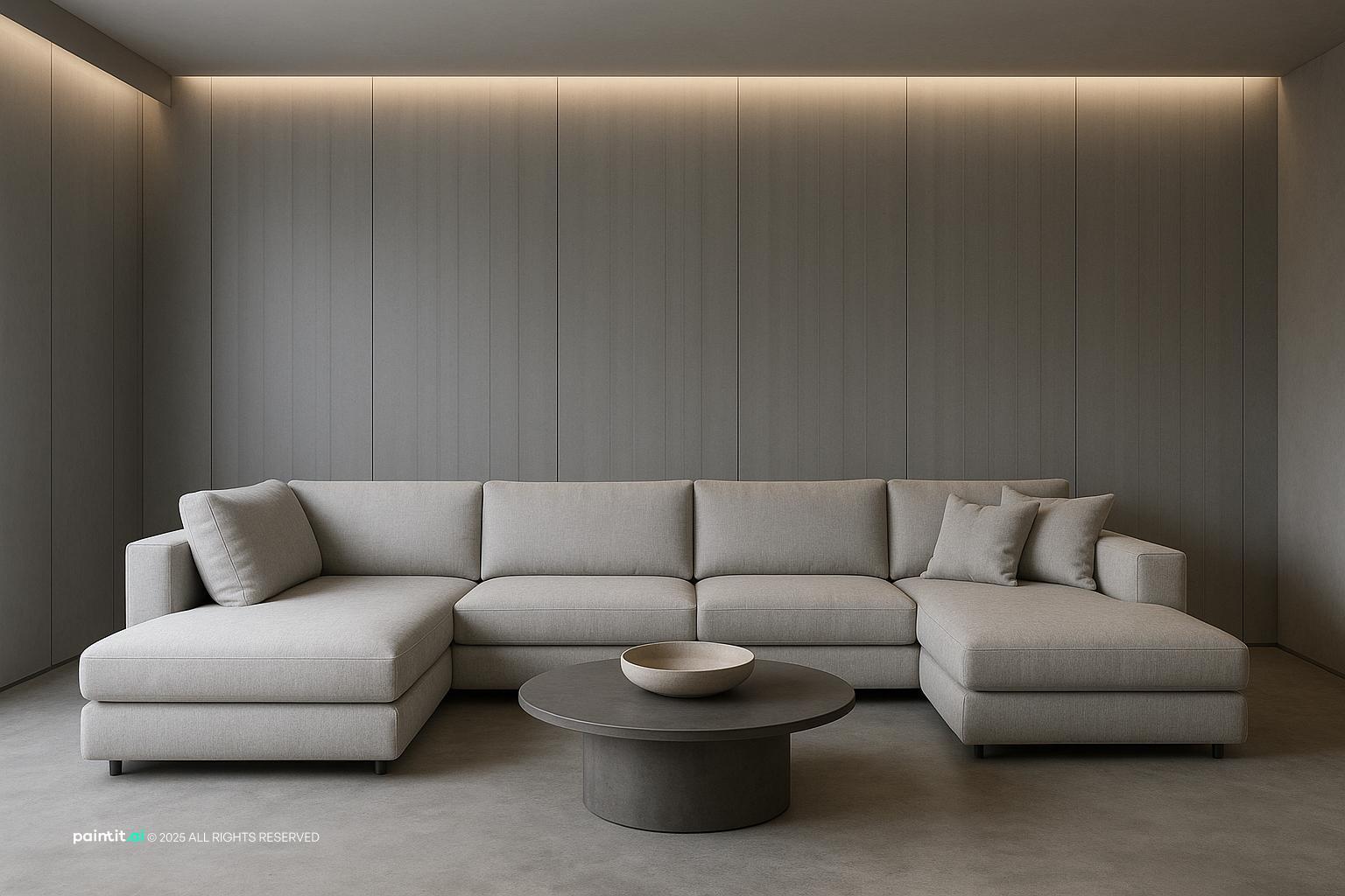 Modern Living Room Design with lighting and sofa and a calm living room atmosphere.