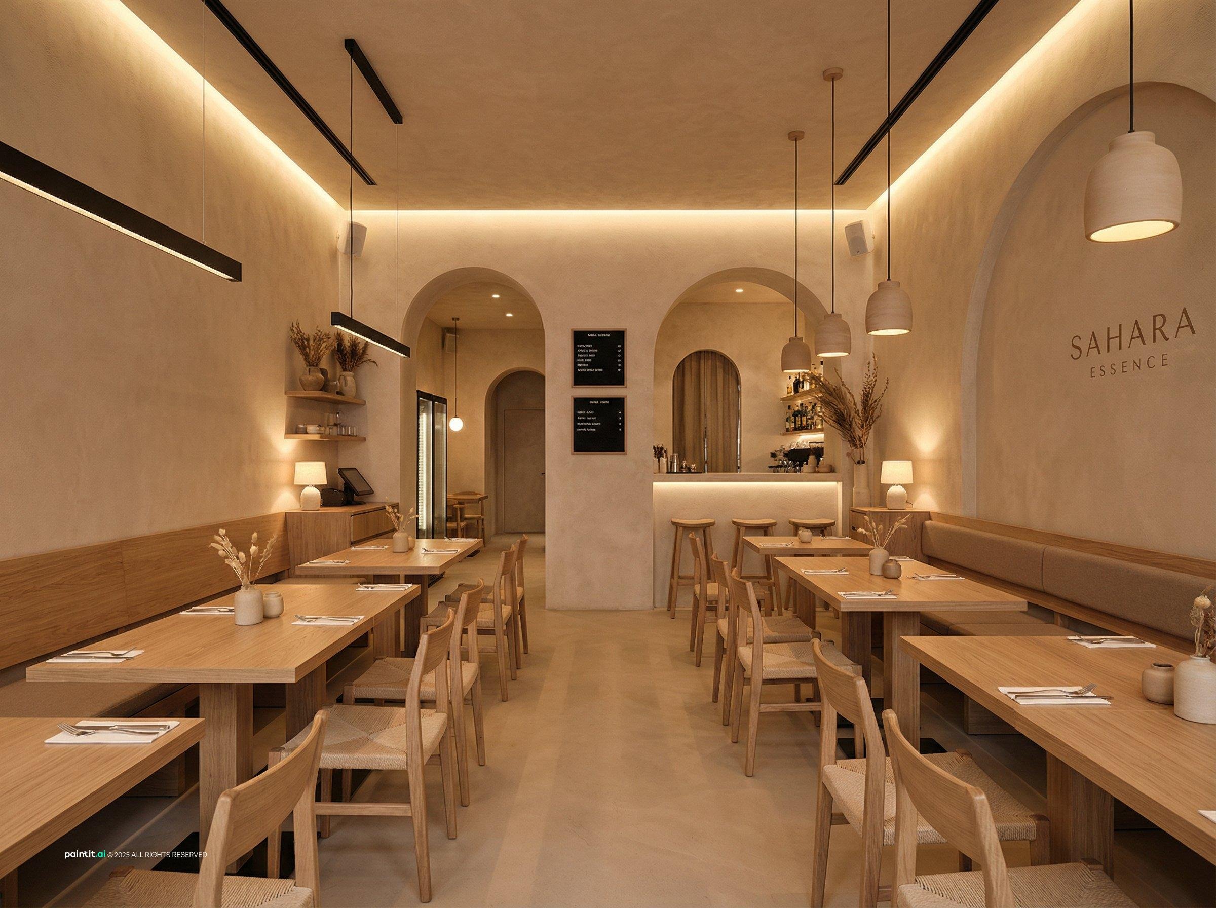 Restaurant with plaster arches, built-in bench seating along the wall and warm indirect lighting