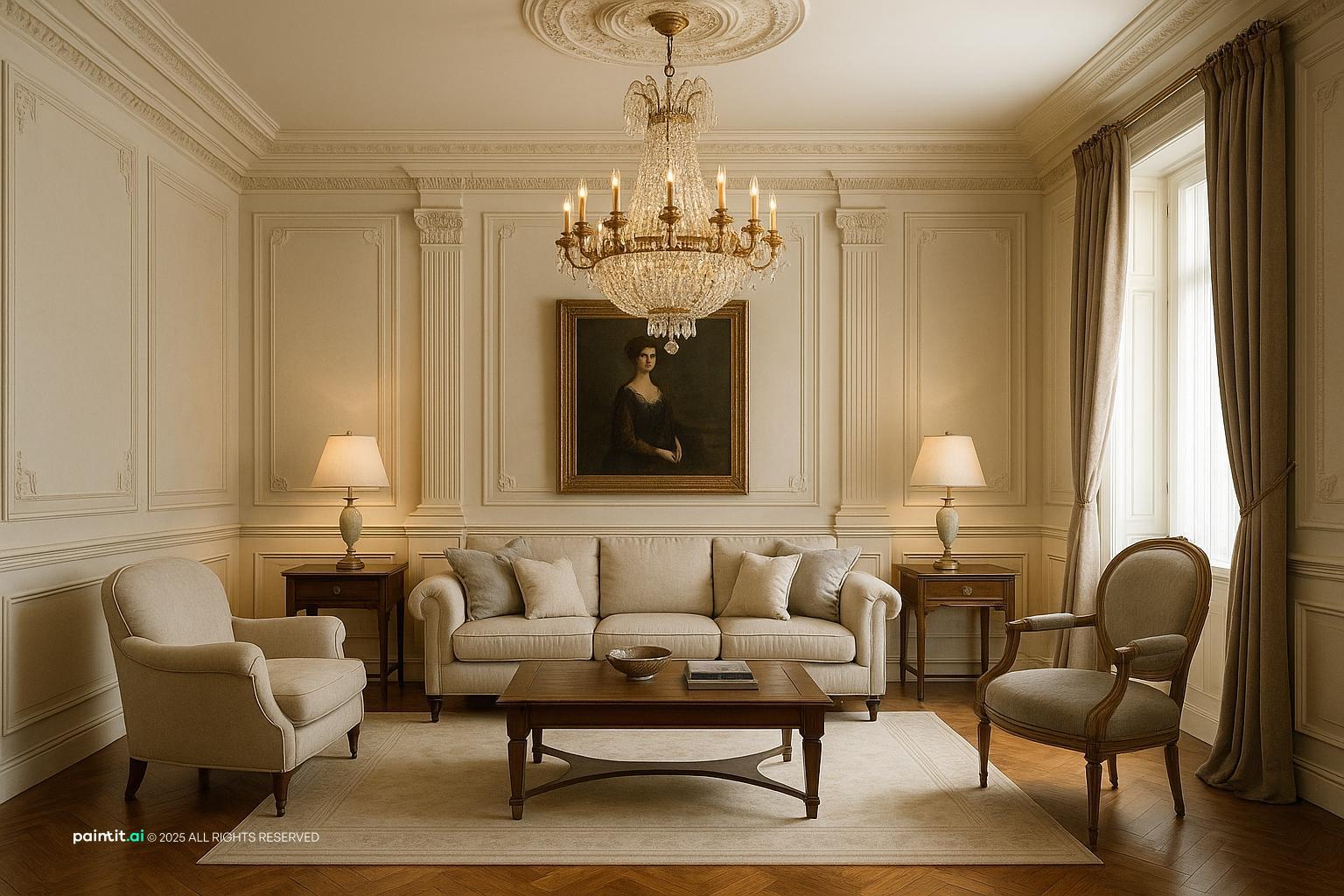 Elegant Neoclassical Living Room Design showing grey palette, yellow accents, layered neutrals for Yellow and Grey Living Room Ideas.