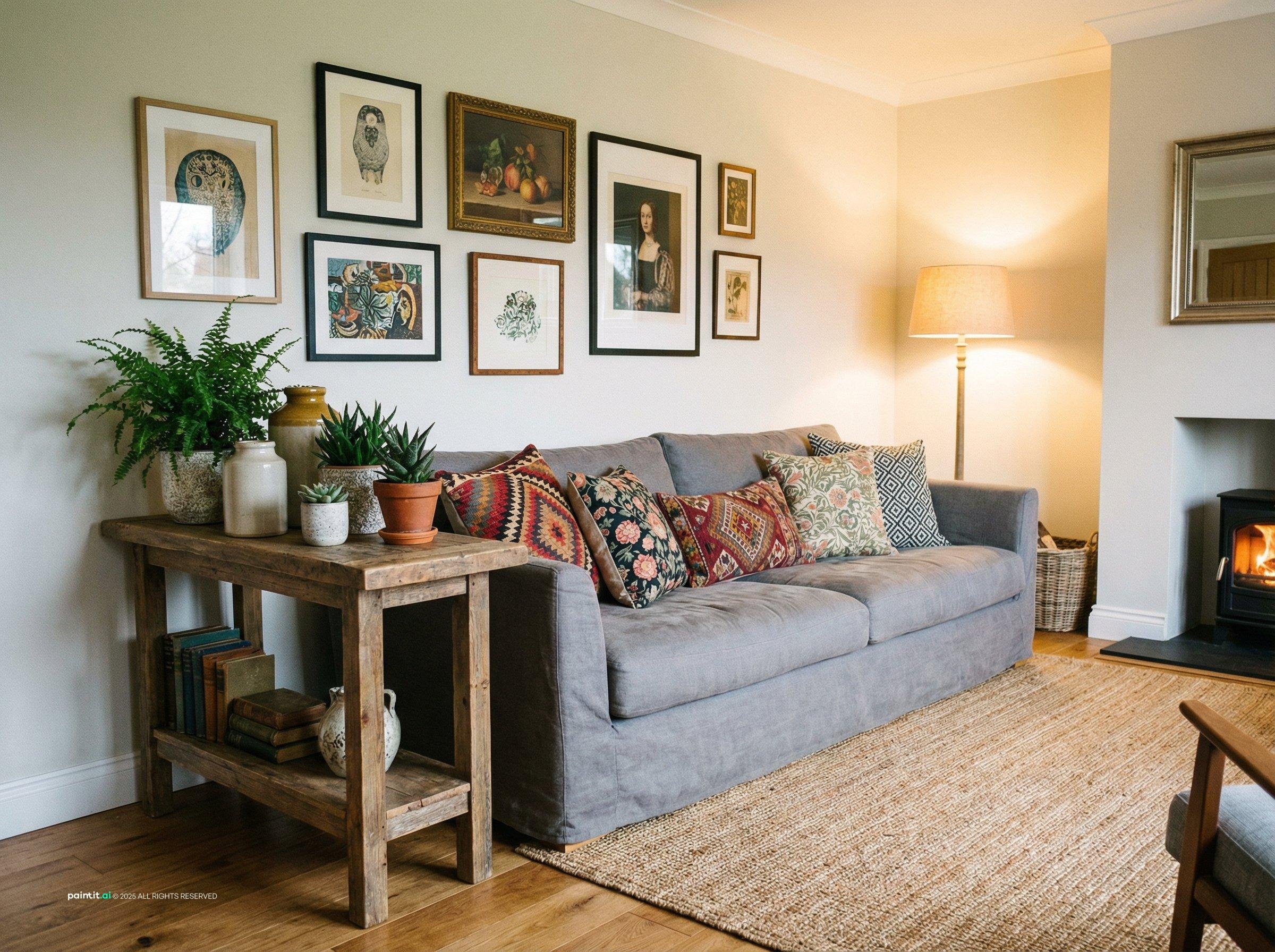 Grey sofa with patterned cushions, a gallery wall, a rustic console and a fireplace