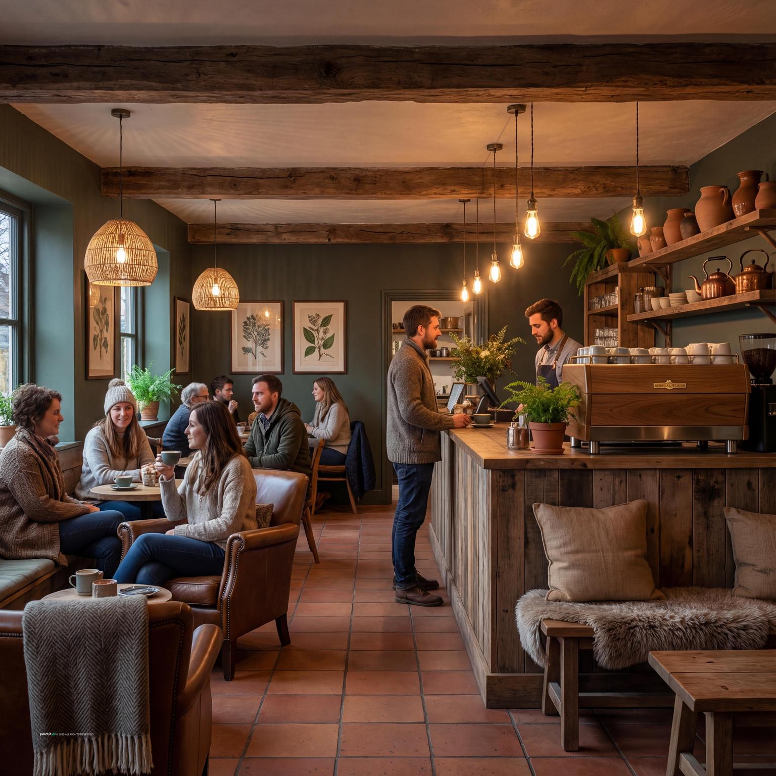 Rustic cafe bar design with warm counter lighting