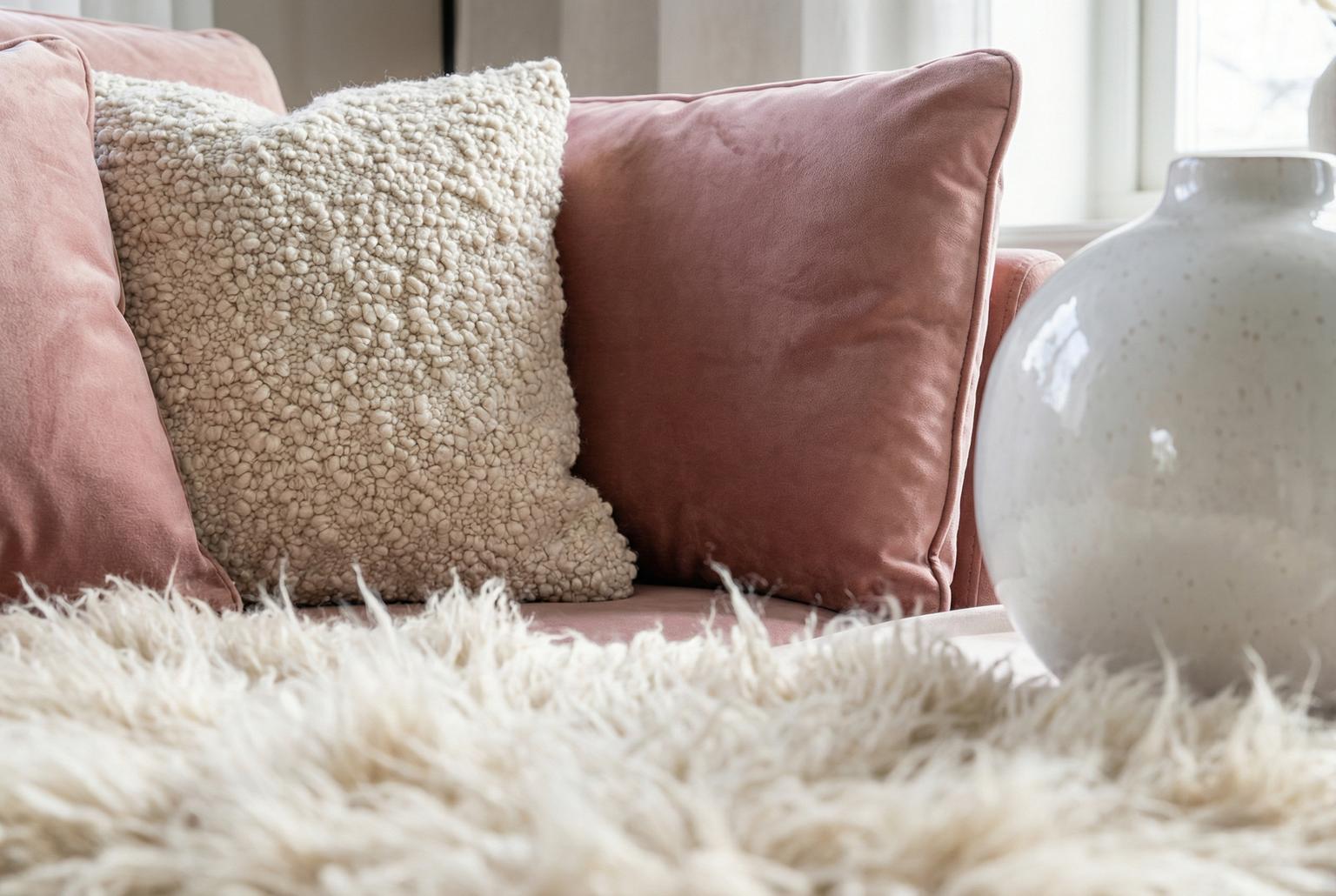 boucle white throw pillow on a velvet pink sofa