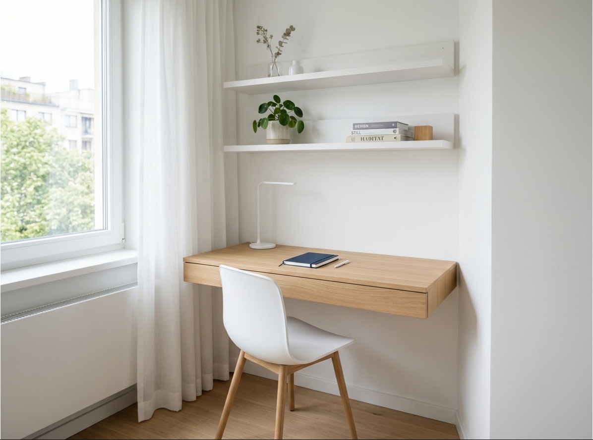 Minimalist home office corner nook with floating oak wall-mounted desk, white ergonomic chair, and wall-mounted shelves in a small apartment