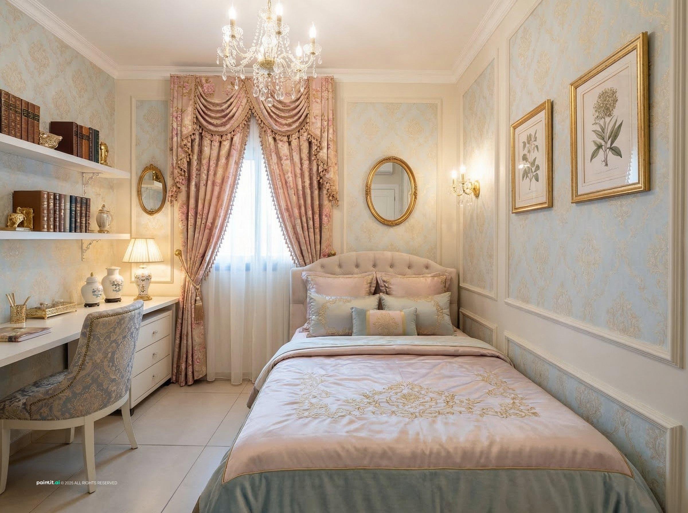 Regency-style bedroom with floral wallpaper, swag curtains, a crystal chandelier and a pale upholstered bed