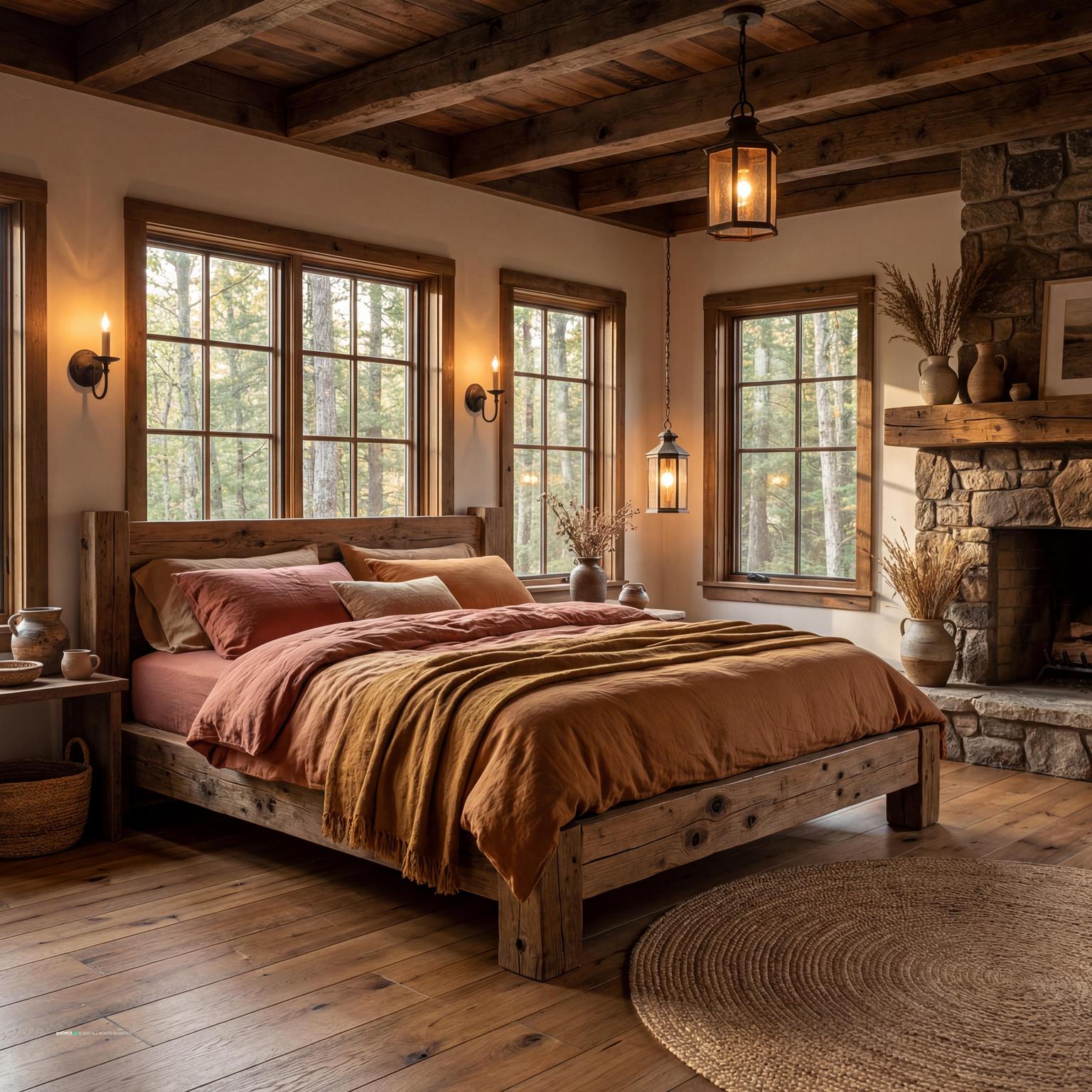 Rustic cabin bedroom with reclaimed wood bed, exposed beams and earthy linen bedding